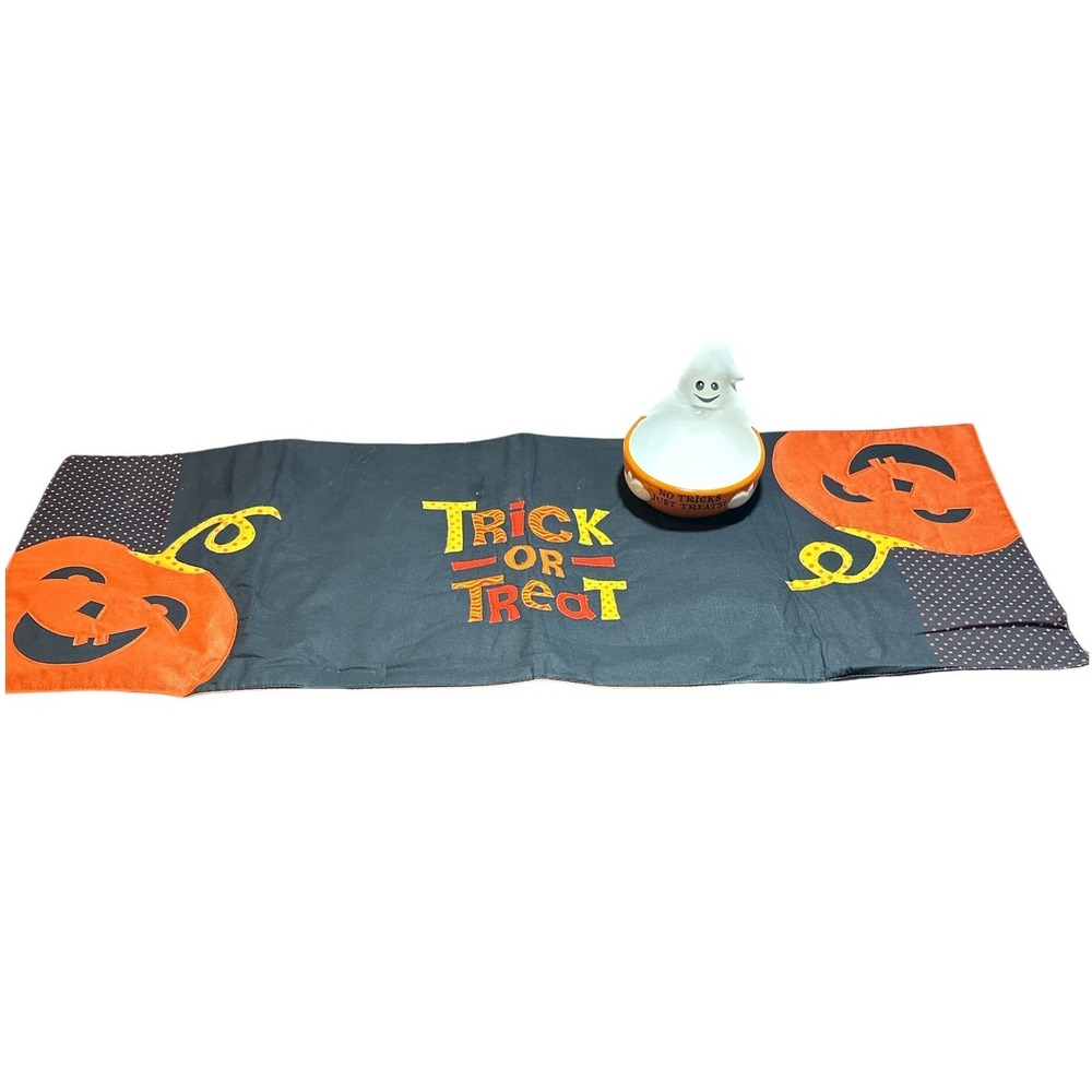 Halloween Table Runner 36 x 13 & Candy Dish Trick or Treat Pumpkin Ghost Holiday
